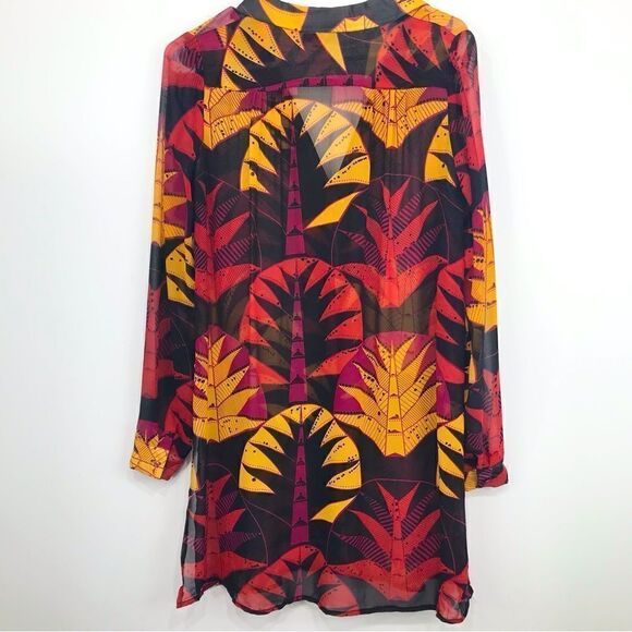 Nieves Lavi 100% Silk Black Red Yellow Tribal Tropical Semi Sheer Tunic Blouse - Picture 3 of 12